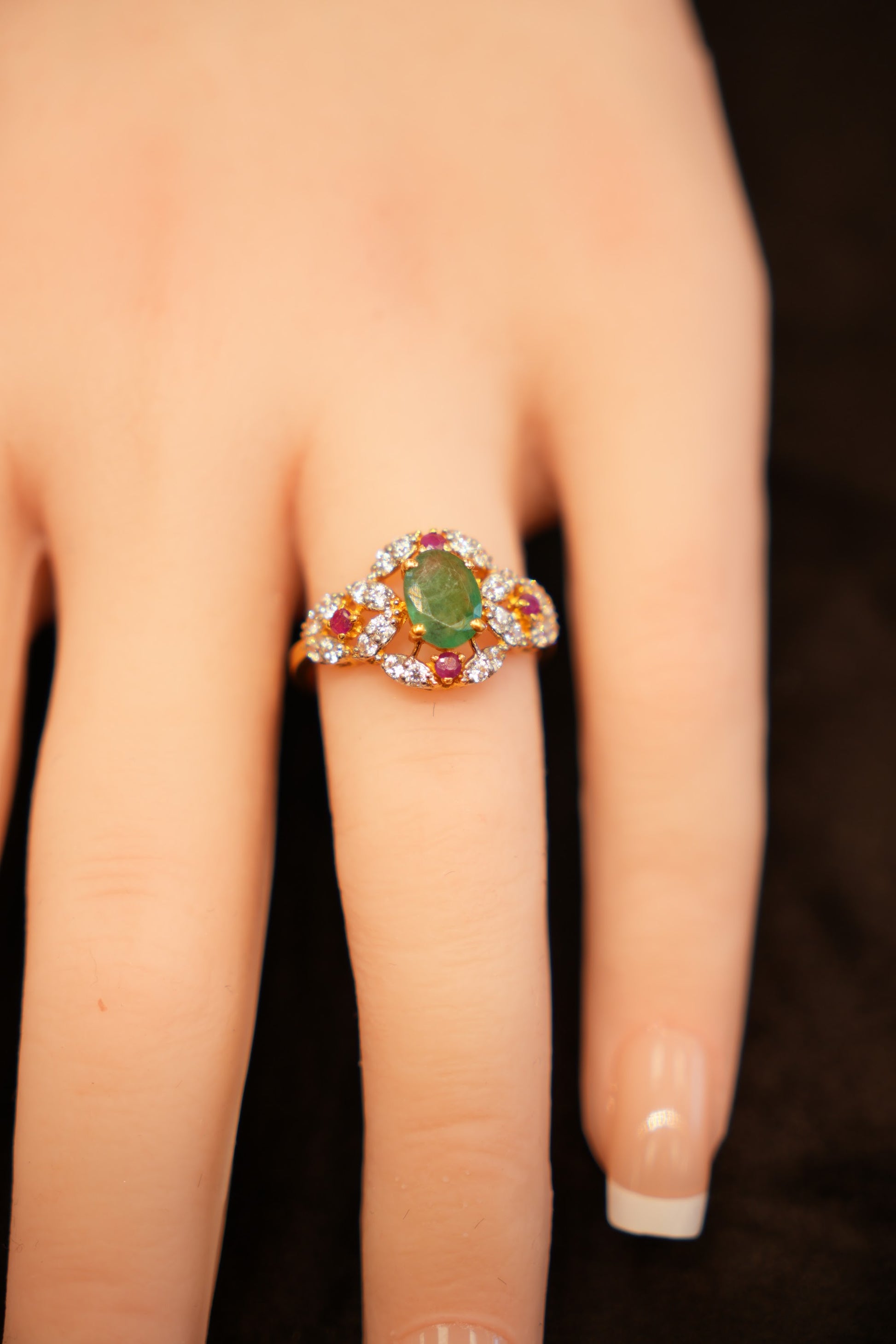 22K Gold Green Cabochon Multi-Stone Ring