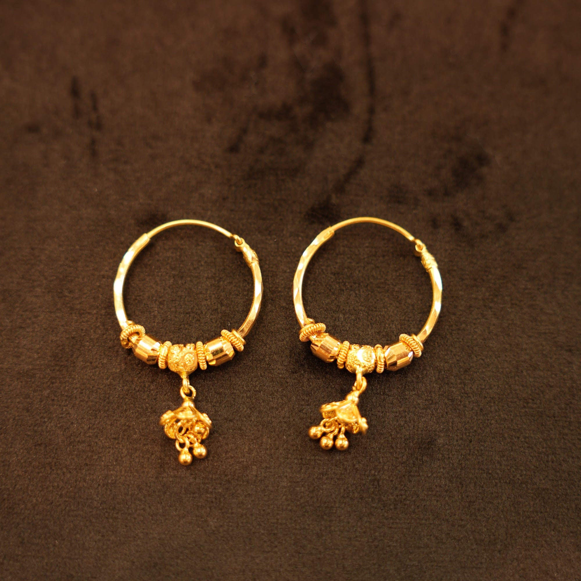 22K Gold Ridged Bead & Flower Drop Hoop Earrings