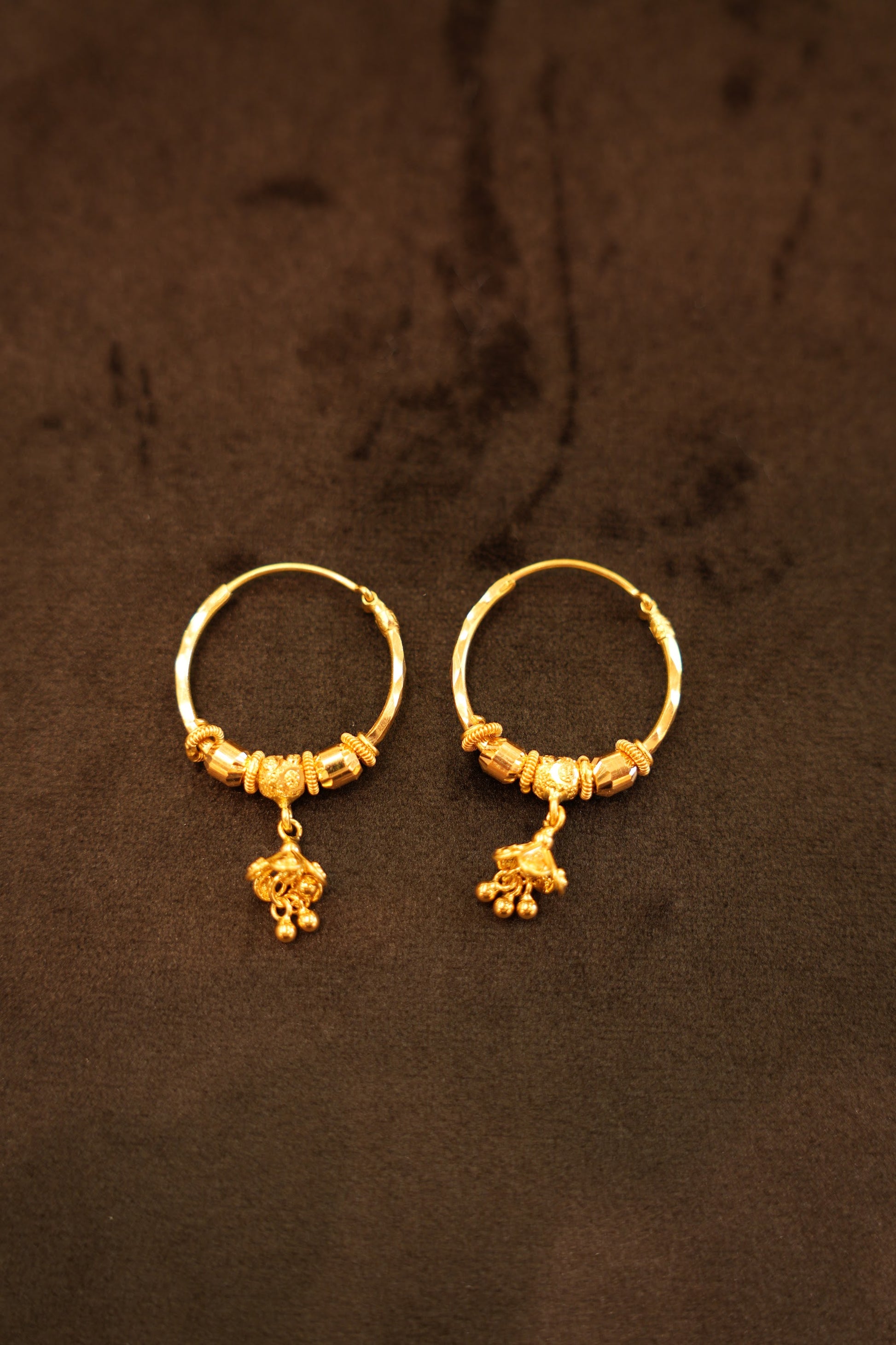 22K Gold Ridged Bead & Flower Drop Hoop Earrings