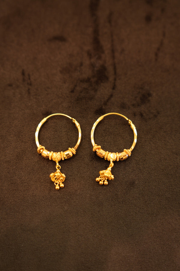 22K Gold Ridged Bead & Flower Drop Hoop Earrings
