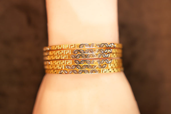 22K Gold Two-Tone Greek Key Leaf Bangle Set