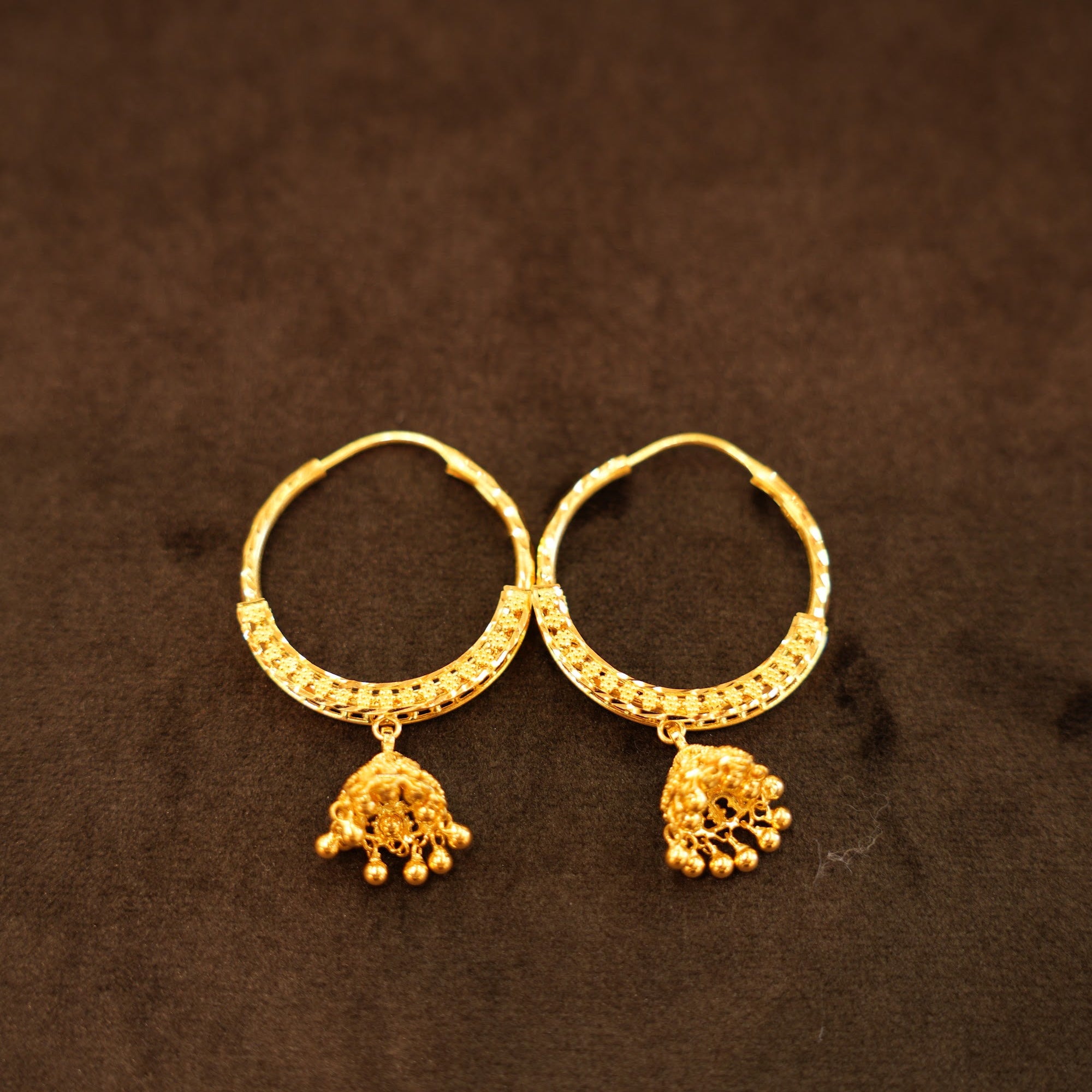 22K Gold Wide Band Bell Charm Hoop Earrings