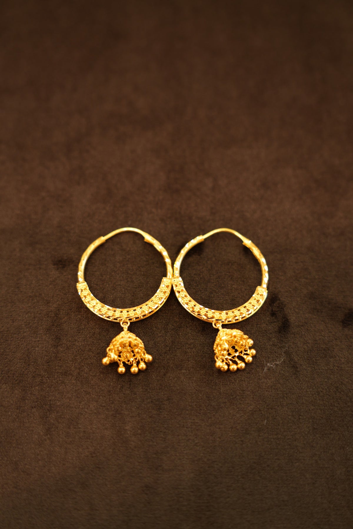22K Gold Wide Band Bell Charm Hoop Earrings
