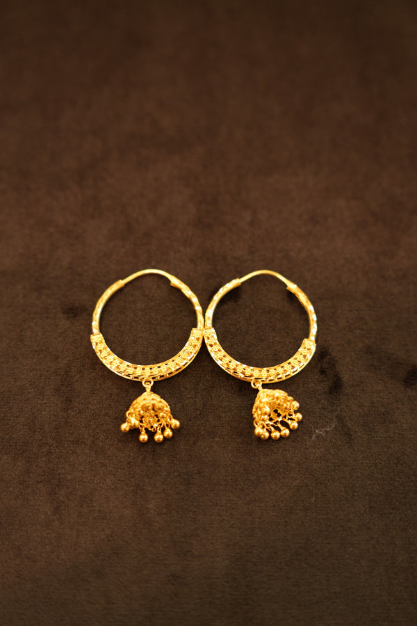 22K Gold Wide Band Bell Charm Hoop Earrings
