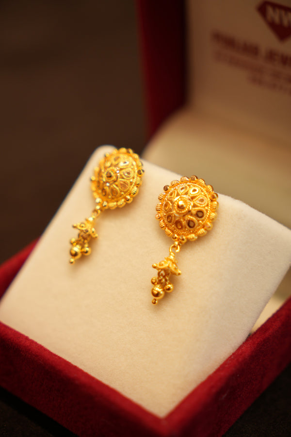 22K Gold Openwork Petal Medallion Drop Stud Earrings