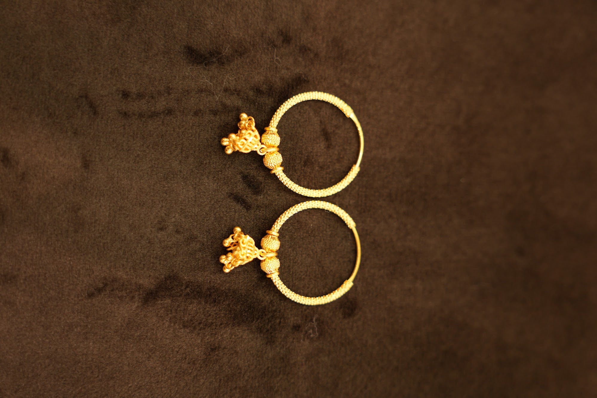 22K Gold Textured Rope Bell Drop Hoop Earrings