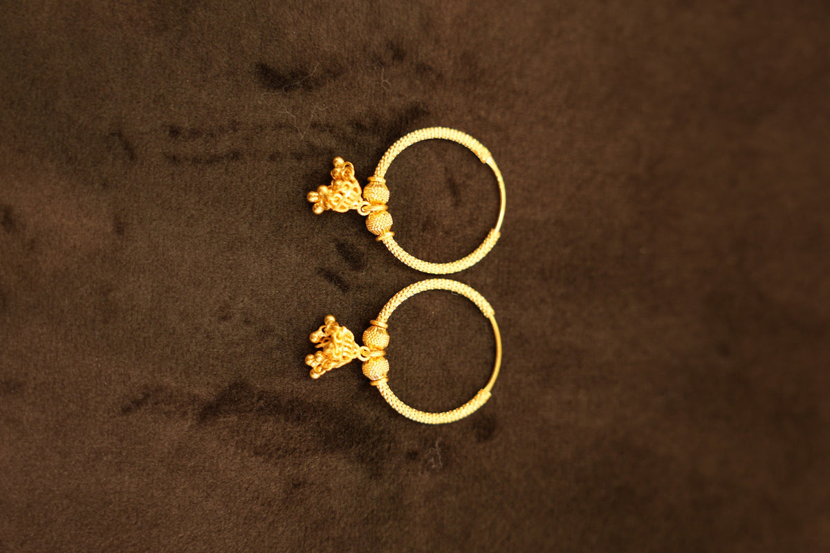 22K Gold Textured Rope Bell Drop Hoop Earrings