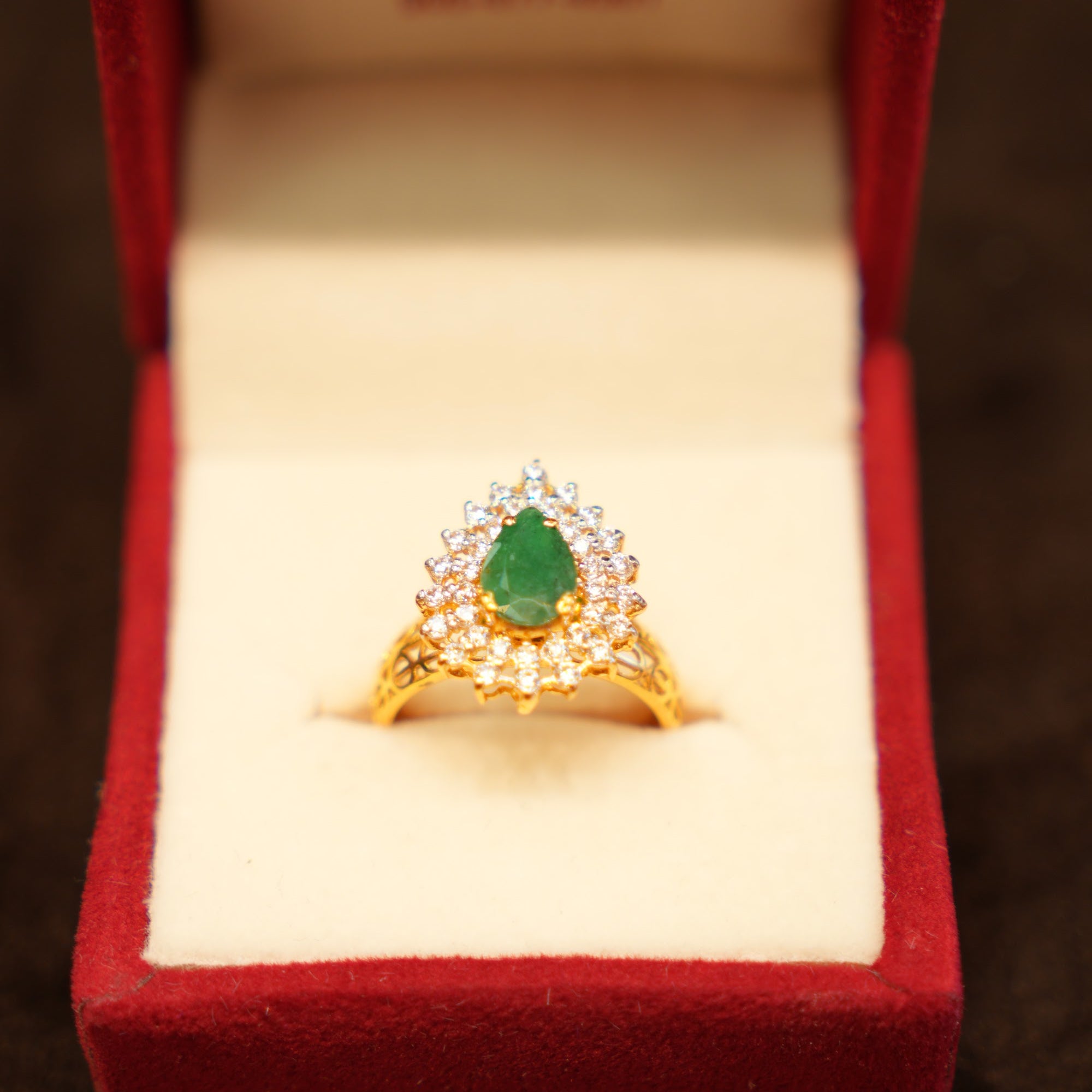 22K Gold Green Stone Halo Ring