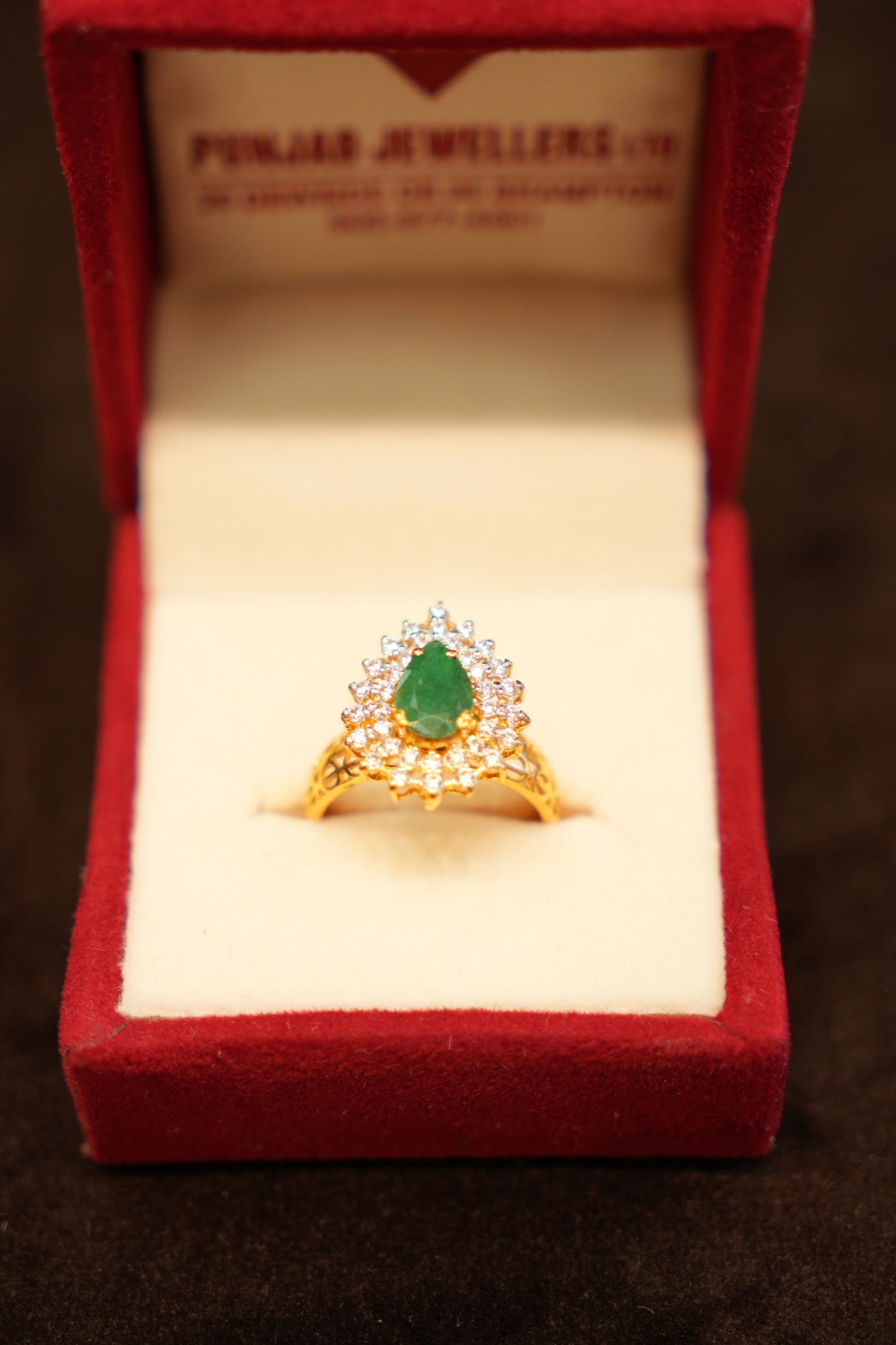 22K Gold Green Stone Halo Ring