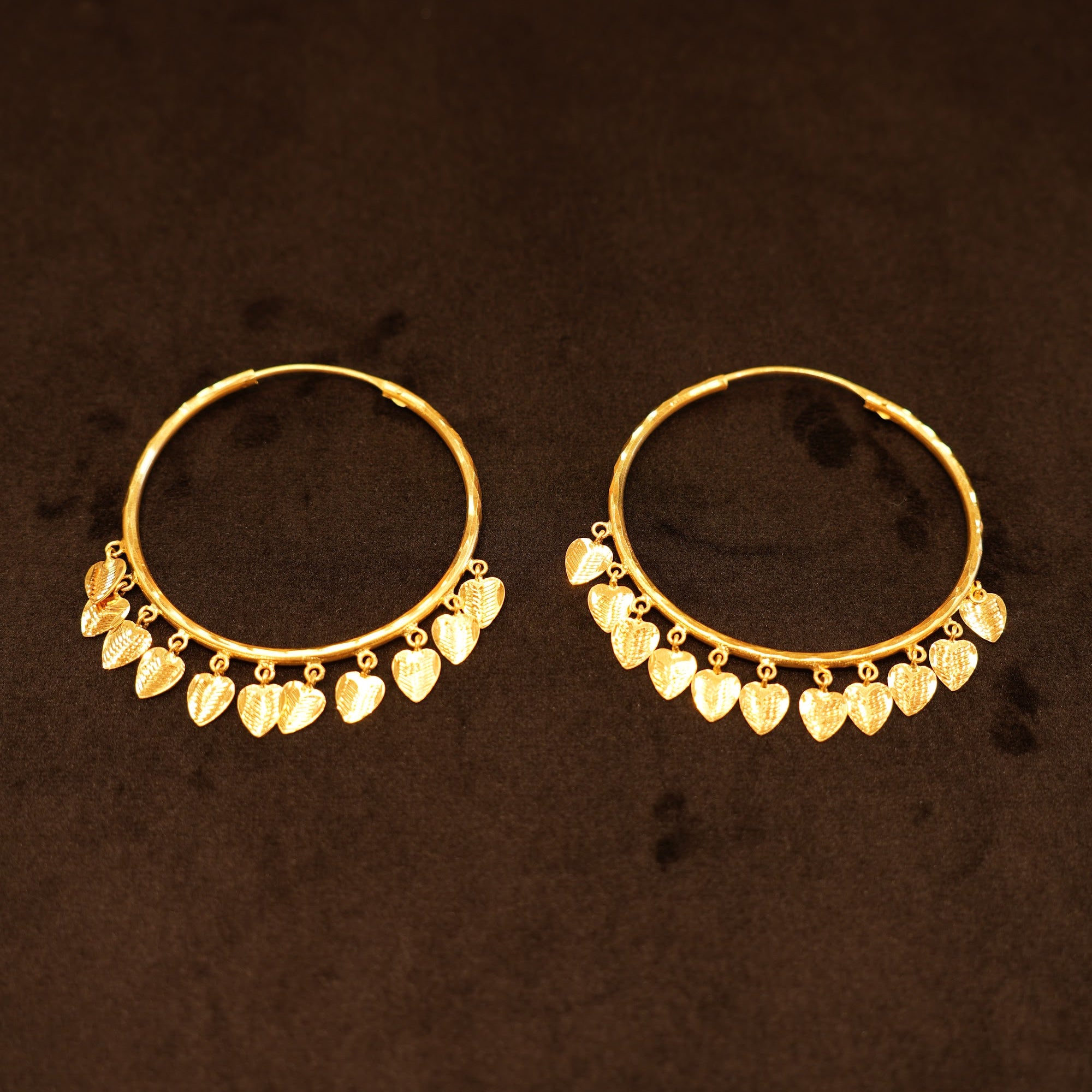 22K Gold Dangling Leaf-Charm Hoop Earrings