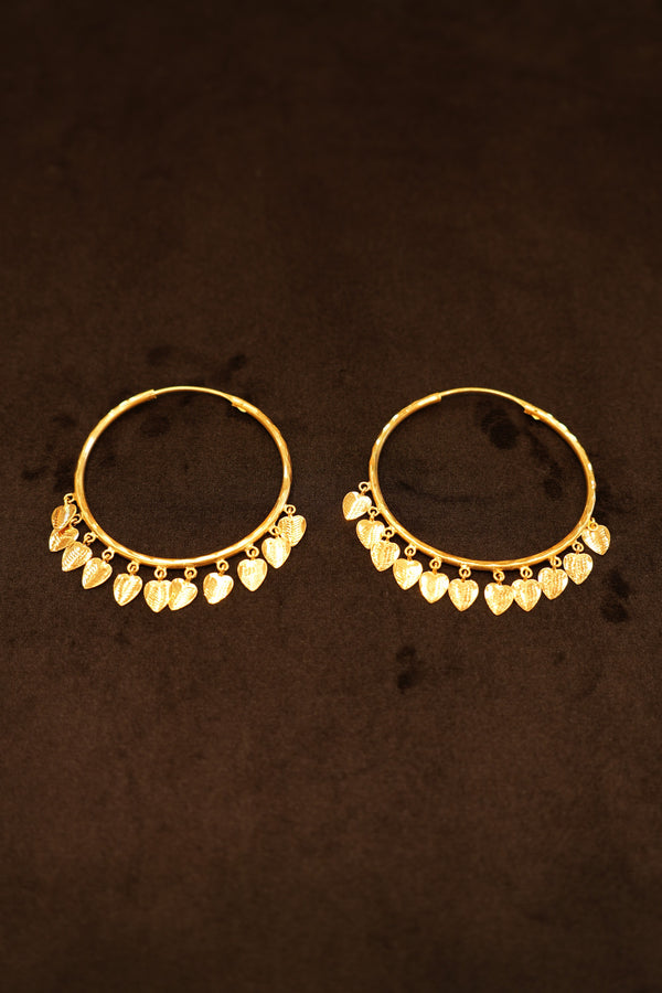 22K Gold Dangling Leaf-Charm Hoop Earrings