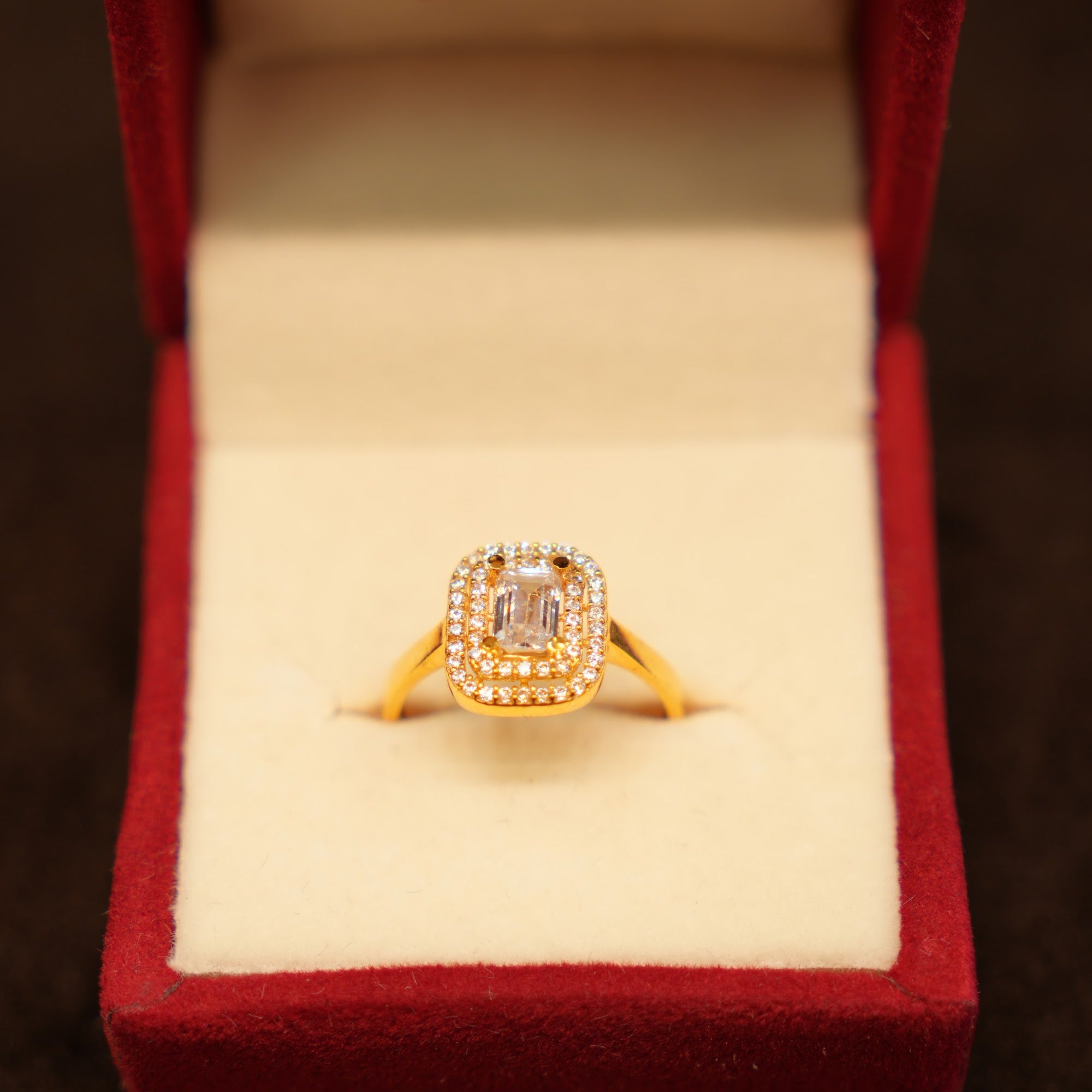 22K Gold Cushion Halo Emerald-Cut Ring