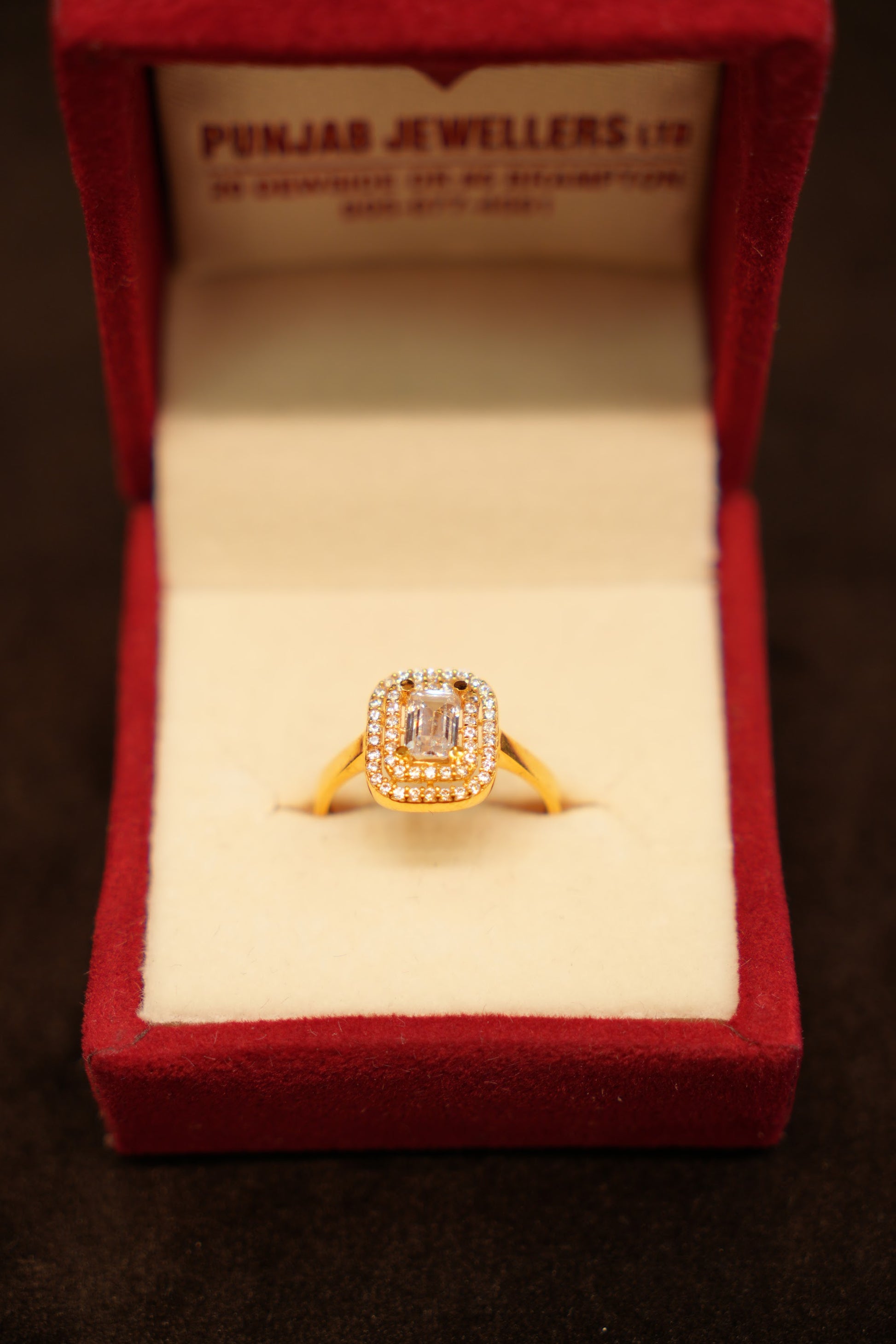 22K Gold Cushion Halo Emerald-Cut Ring