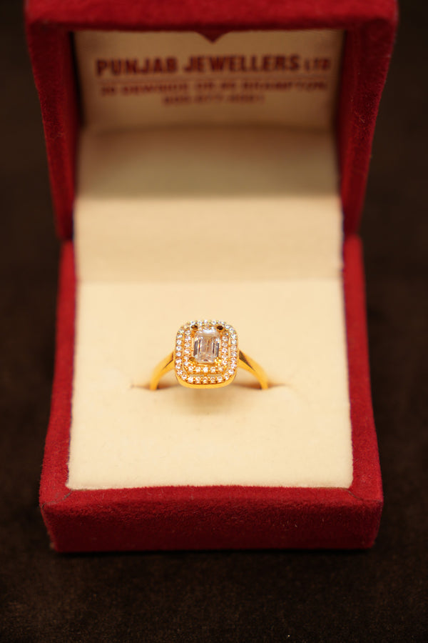 22K Gold Cushion Halo Emerald-Cut Ring