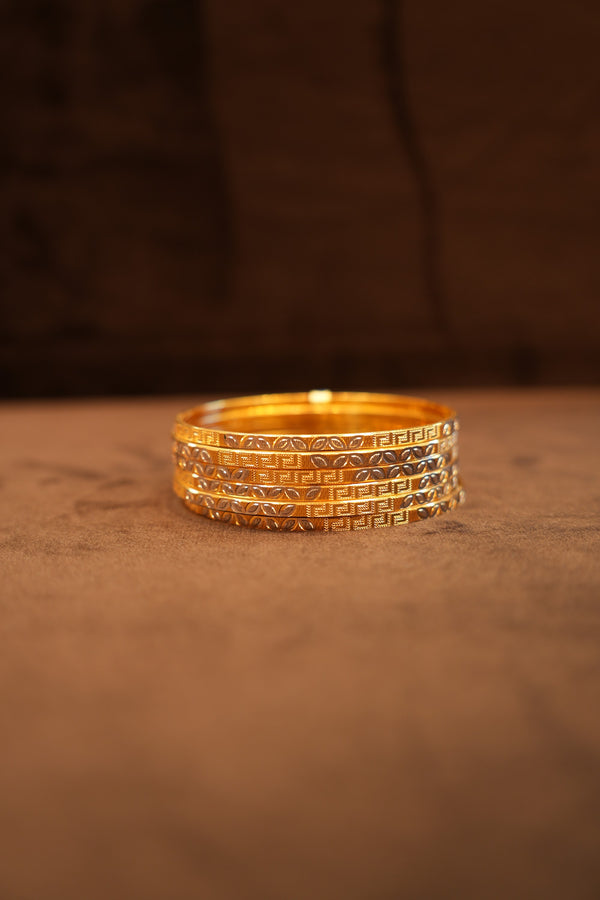 22K Gold Two-Tone Greek Key Leaf Bangle Set