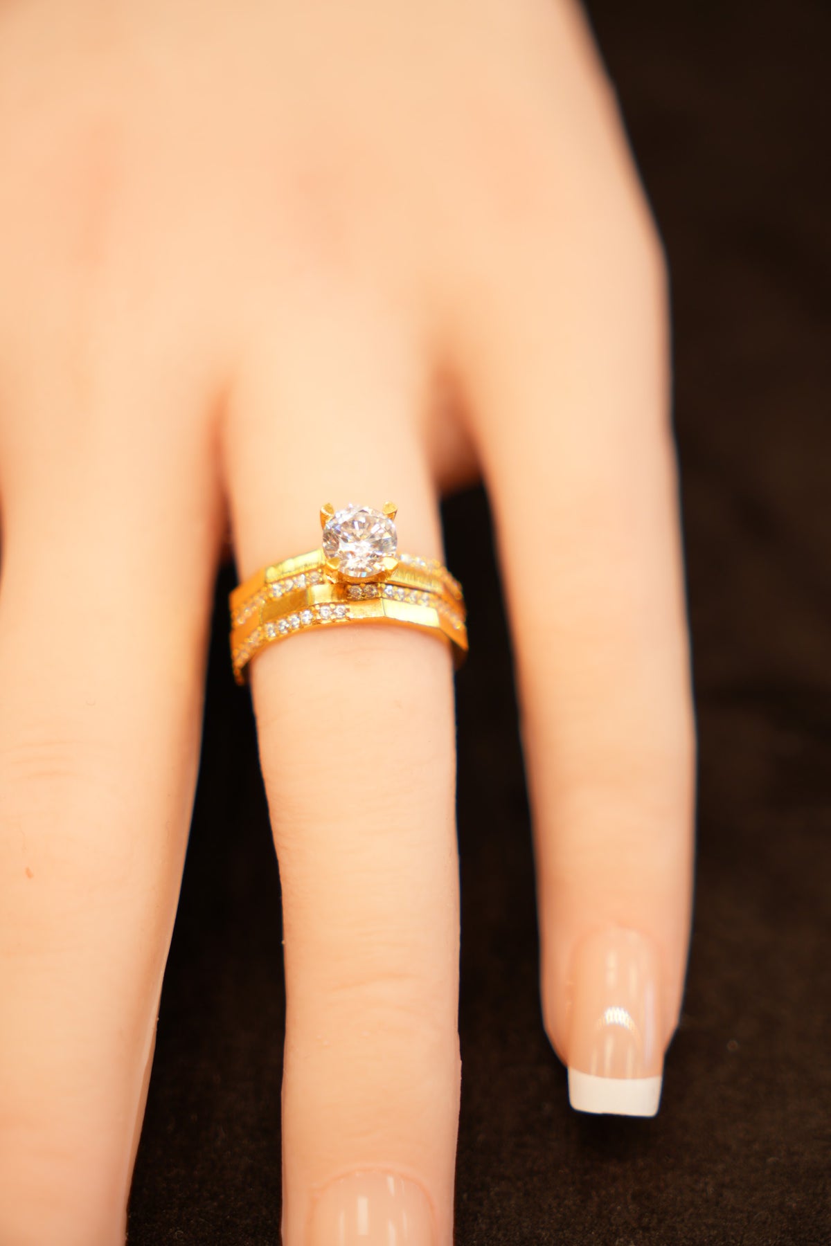 22K Gold Solitaire & Pavé Band Ring Set