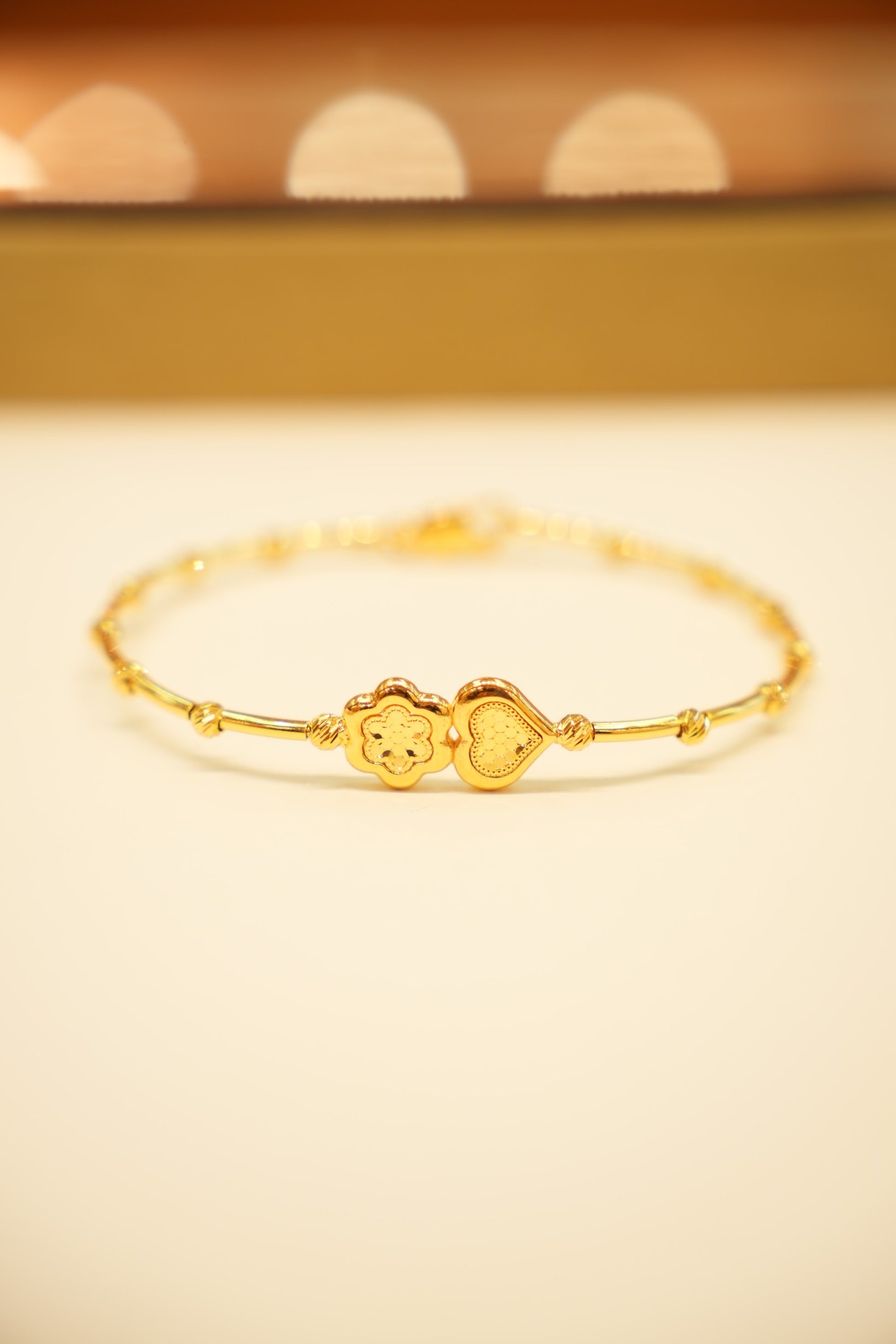 22K Gold Flower Heart Charm Bangle