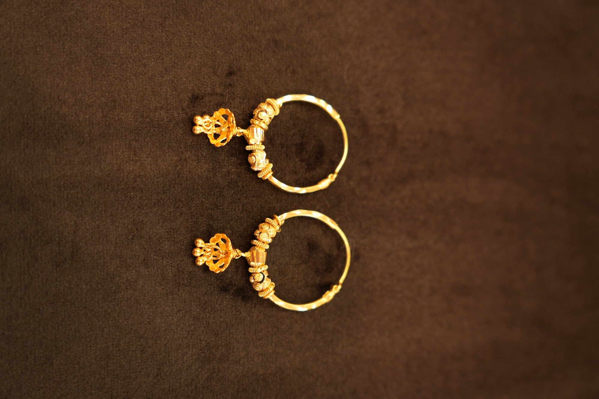 22K Gold Mixed Bead Filigree Flower Hoop Earrings
