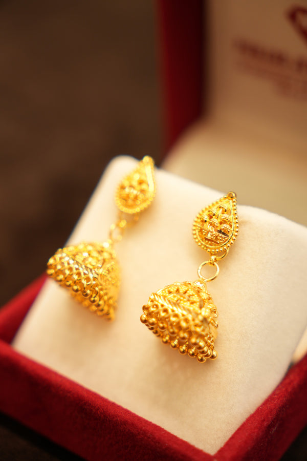 22K Gold Crown Dome Teardrop Stud Earrings