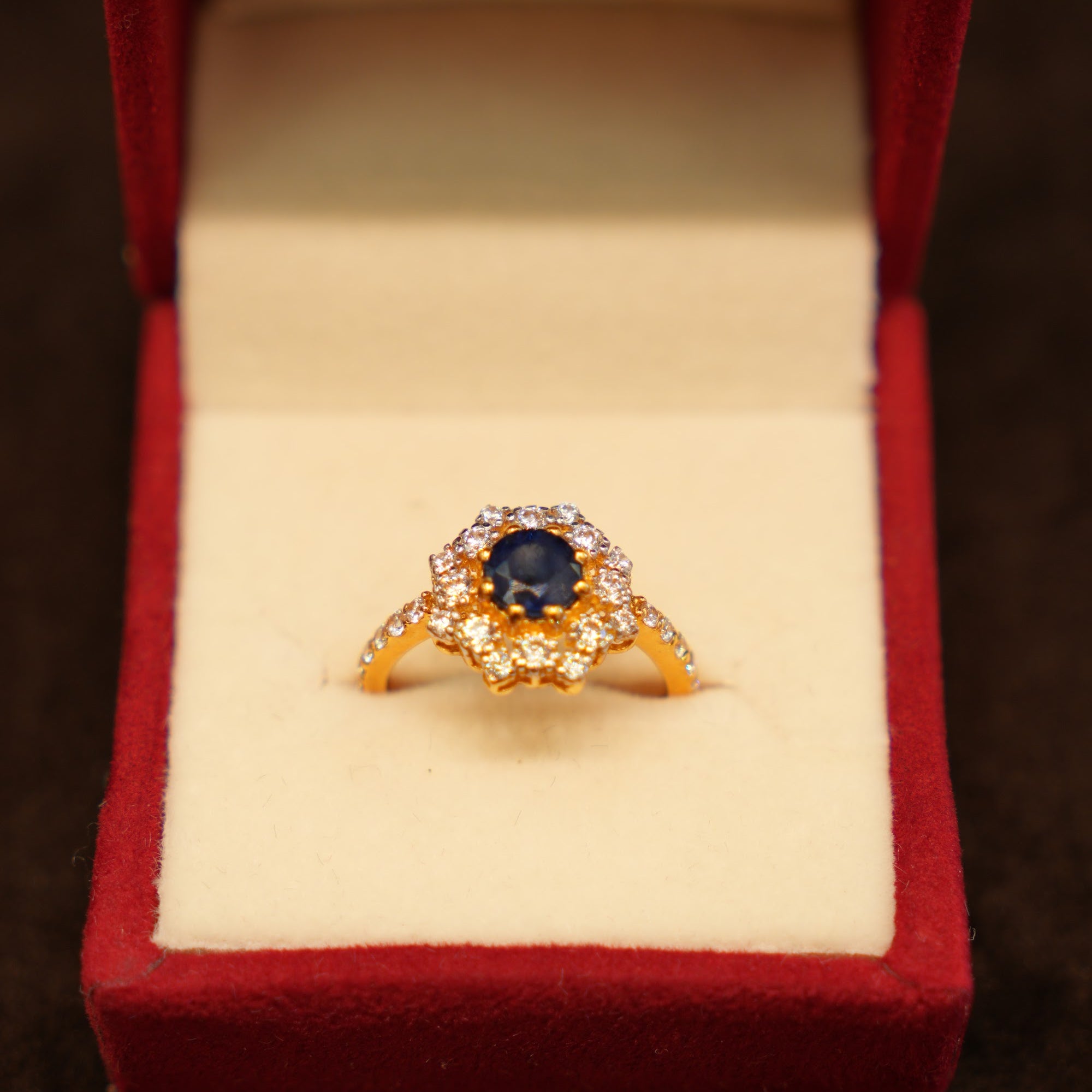 22K Gold Blue Stone Halo Ring