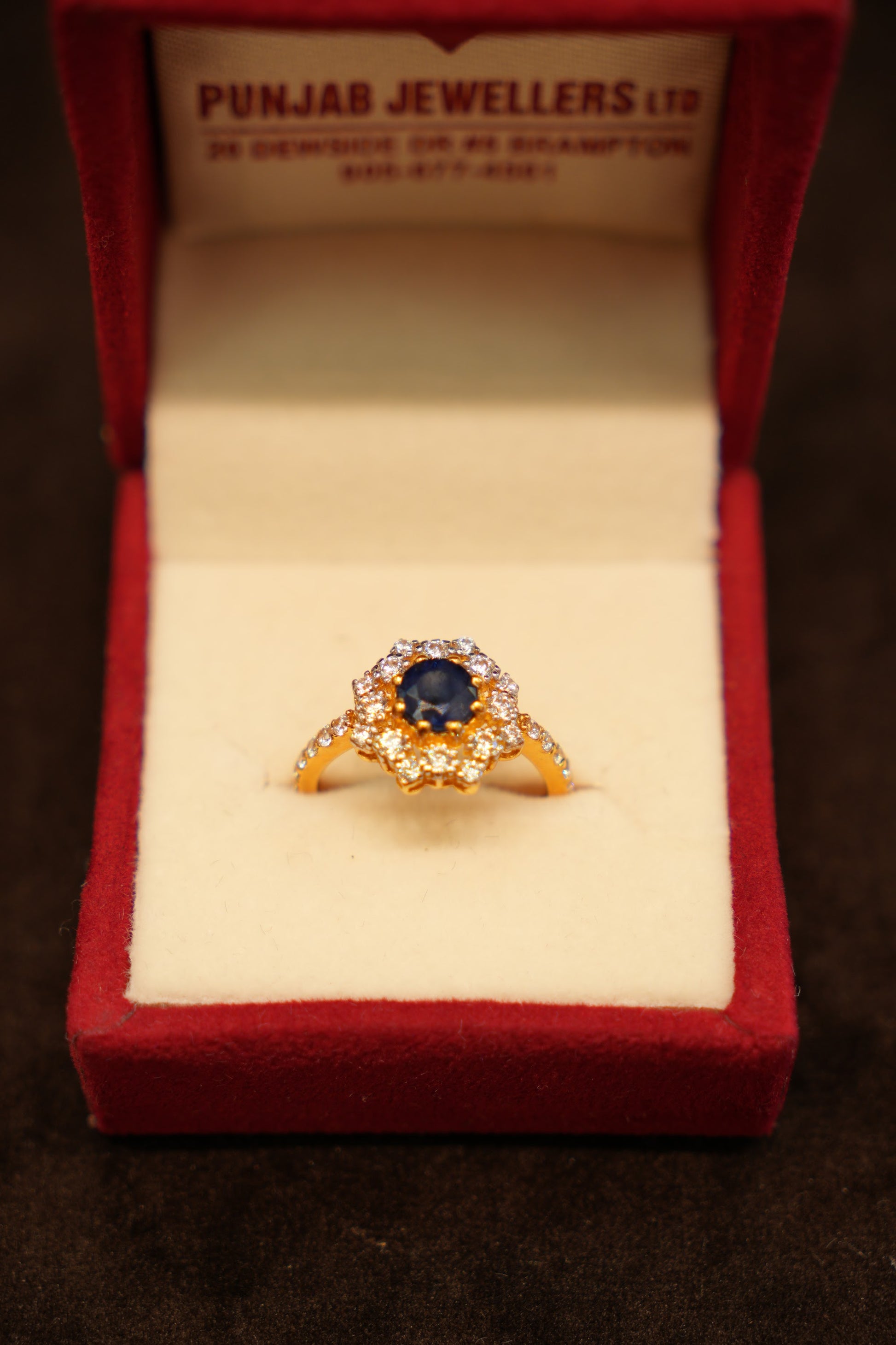 22K Gold Blue Stone Halo Ring
