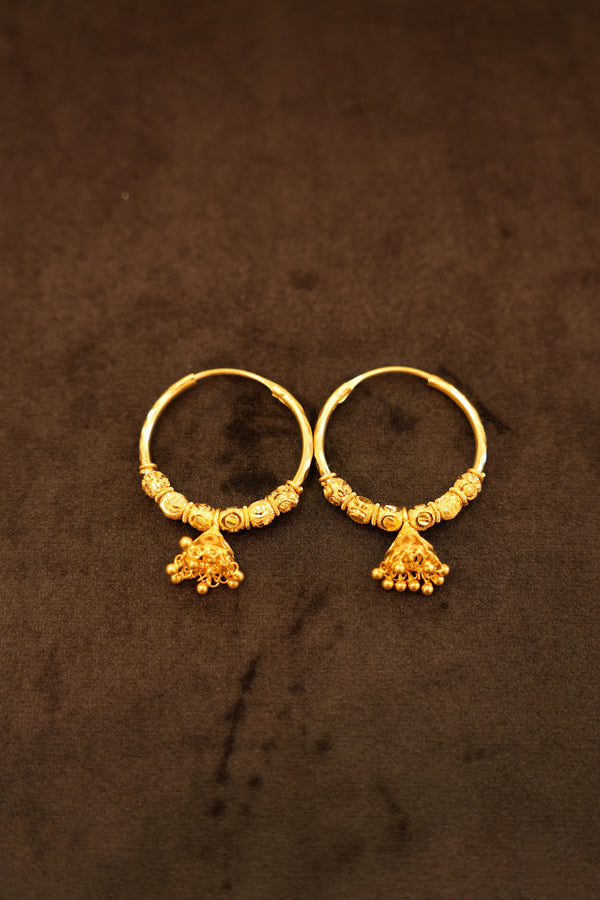 22K Gold Beaded Triangle Drop Hoop Earrings