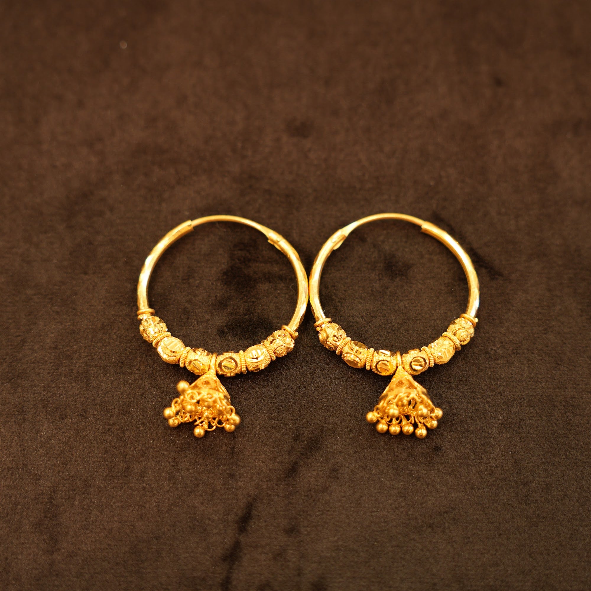 22K Gold Beaded Triangle Drop Hoop Earrings