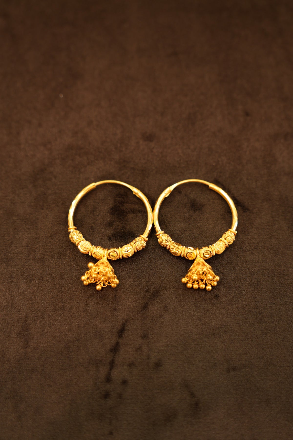 22K Gold Beaded Triangle Drop Hoop Earrings