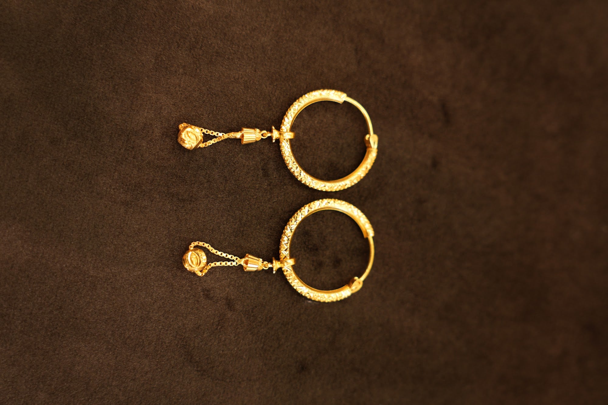 22K Gold Textured Hoop with Chain Ball Drop