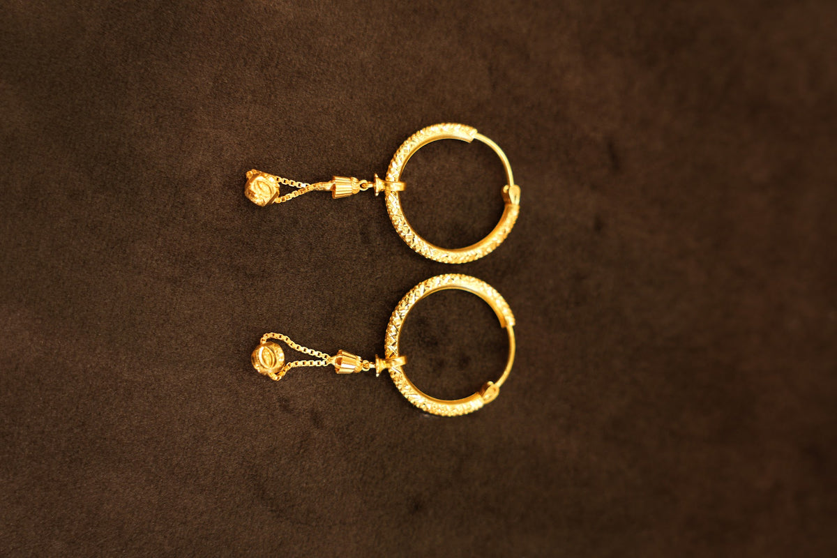 22K Gold Textured Hoop with Chain Ball Drop