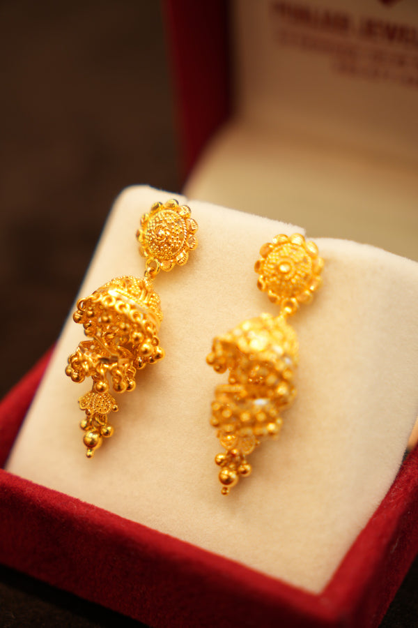 22K Gold Double Drop Ball Cluster Stud Earrings