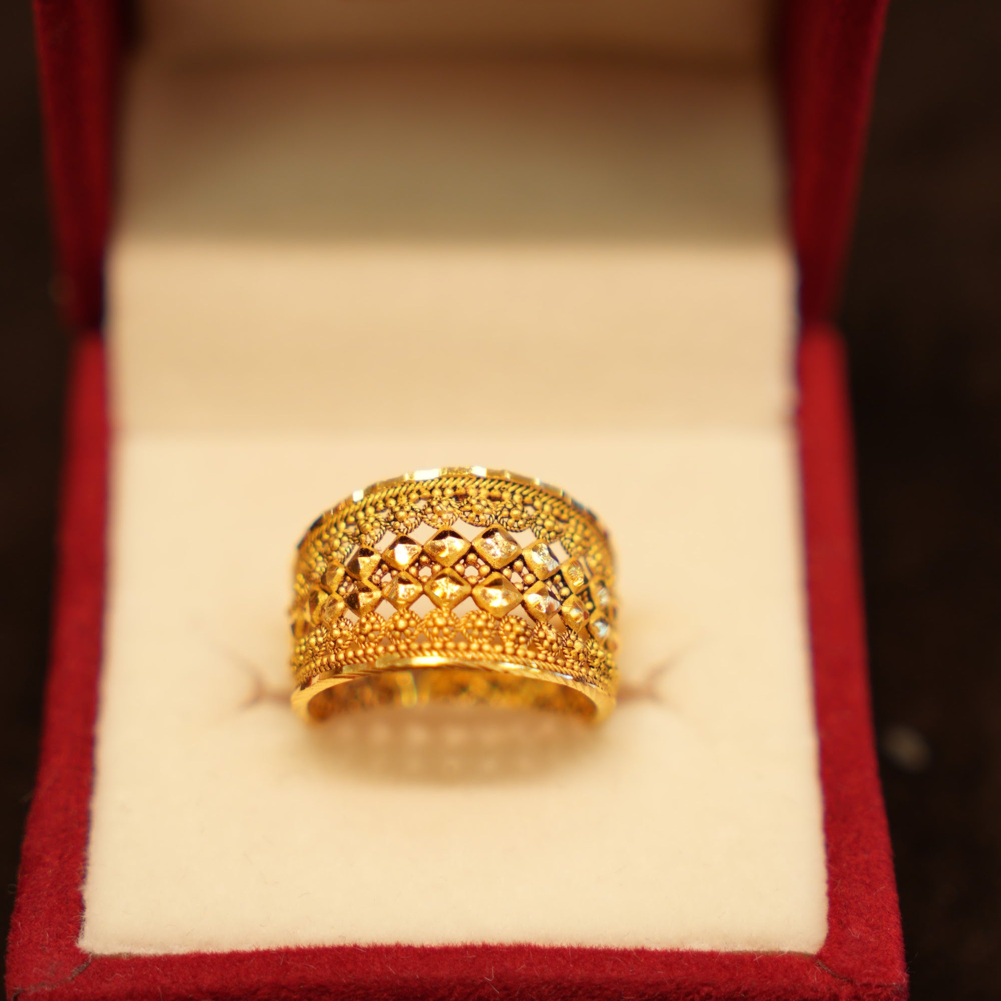 22K Gold Beaded Trellis Wide Band Ring