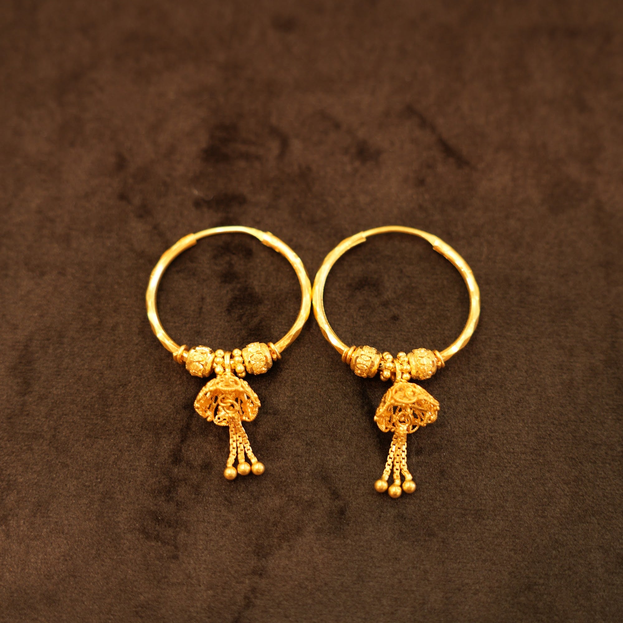 22K Gold Filigree Bell Tassel Hoop Earrings