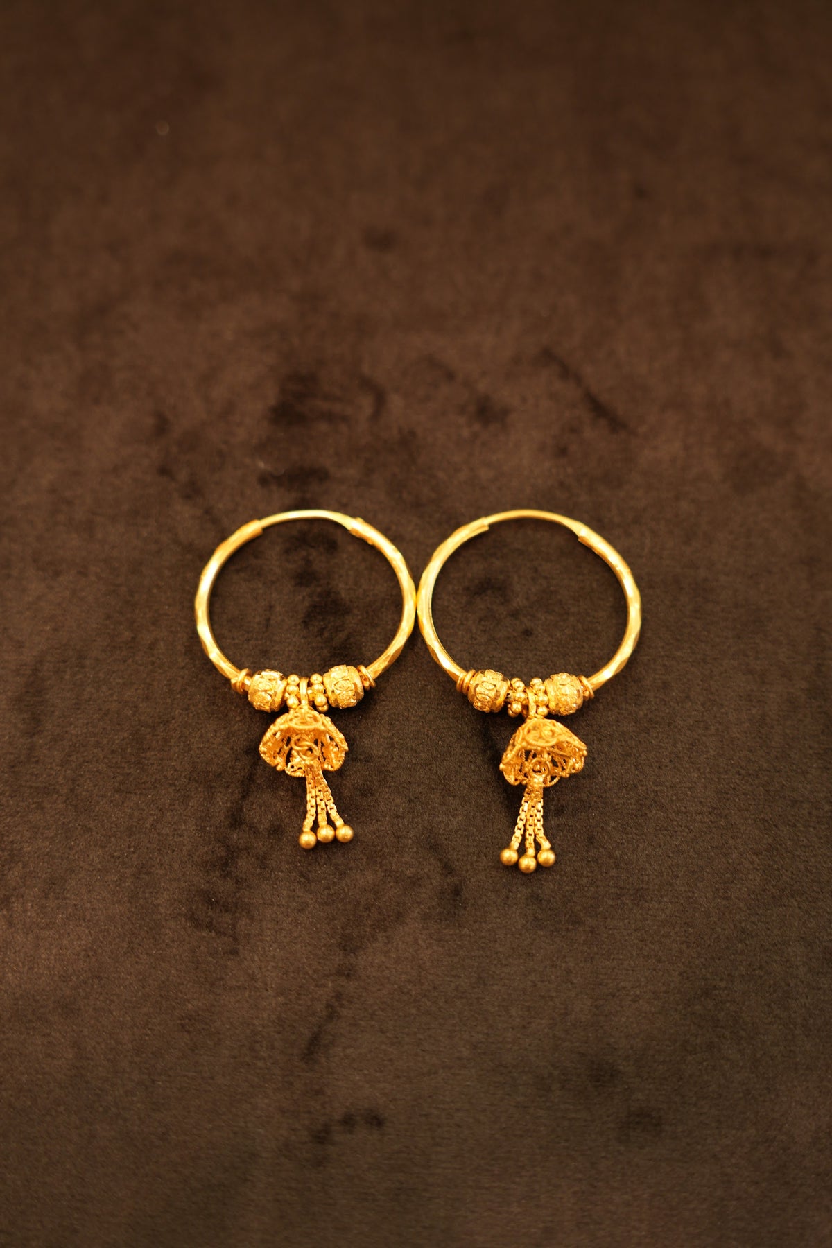 22K Gold Filigree Bell Tassel Hoop Earrings