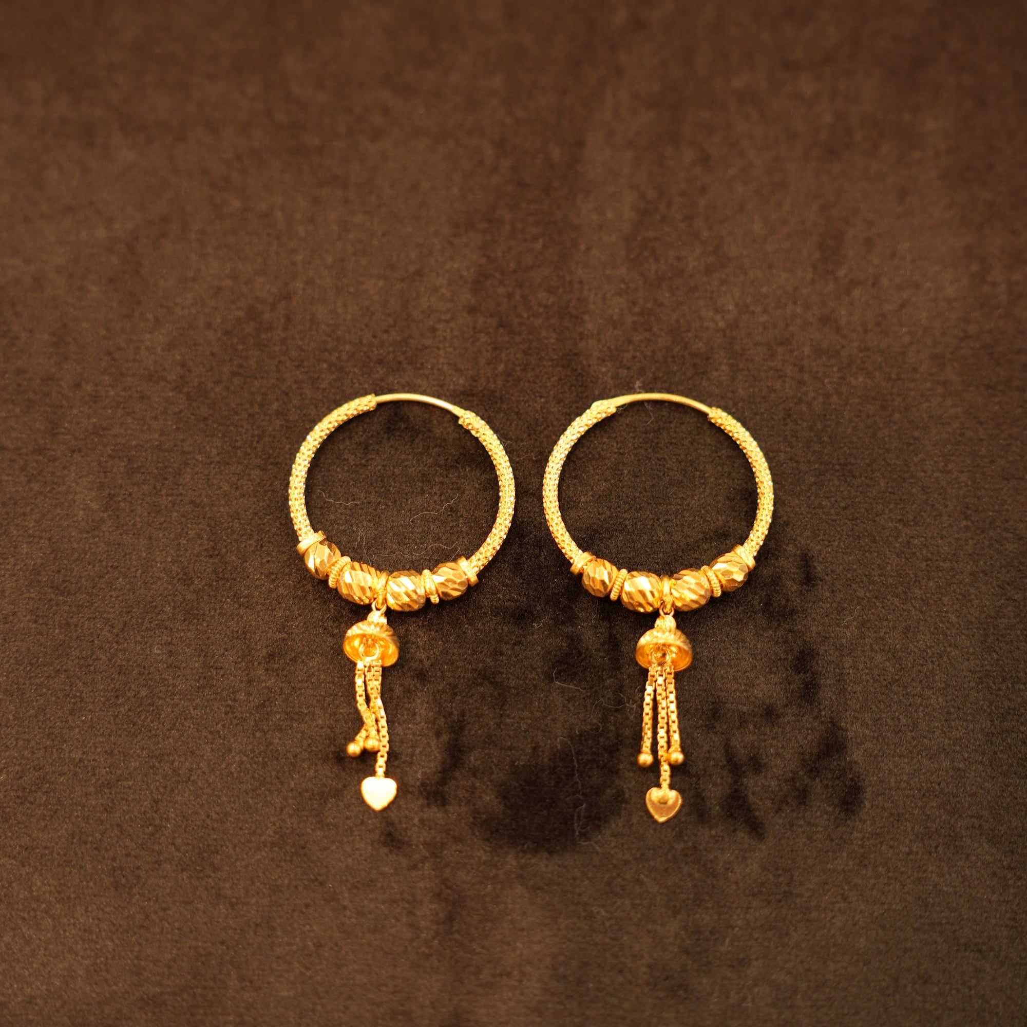 22K Gold Heart Chain Drop Hoop Earrings
