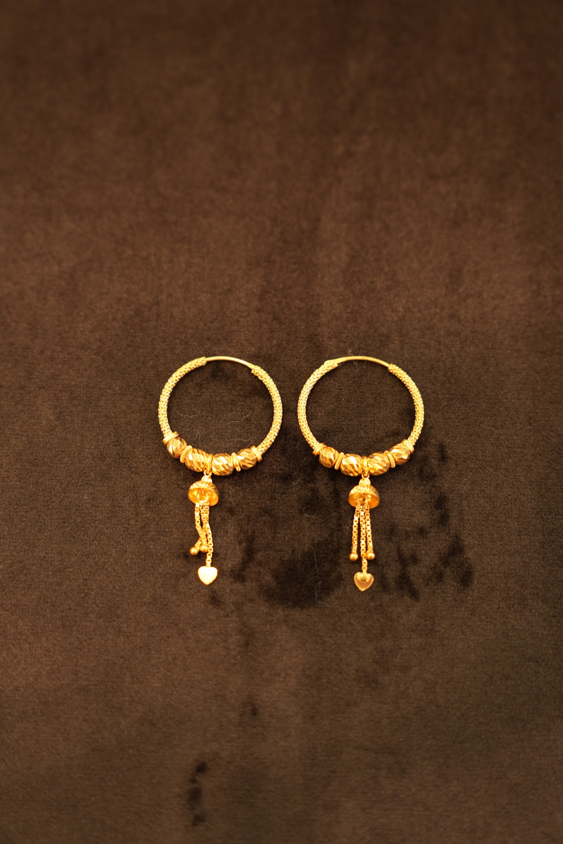 22K Gold Heart Chain Drop Hoop Earrings