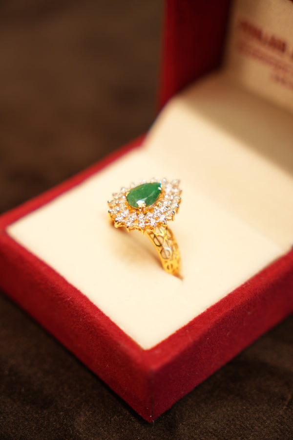 22K Gold Green Stone Halo Ring
