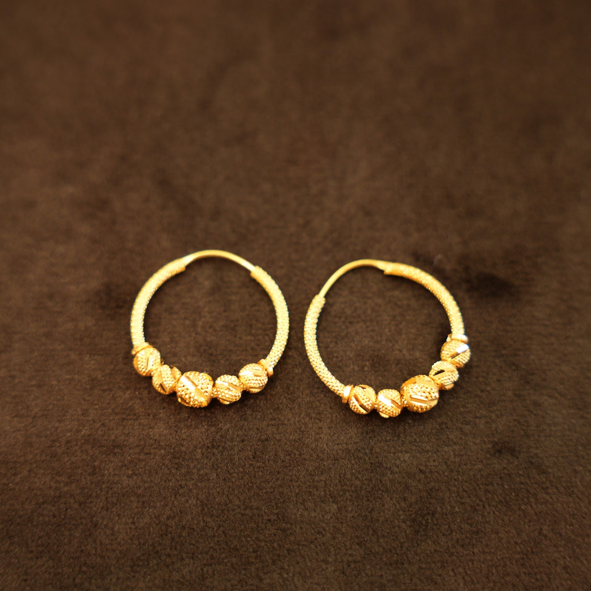 22K Gold Cross-Hatch Bead Hoop Earrings