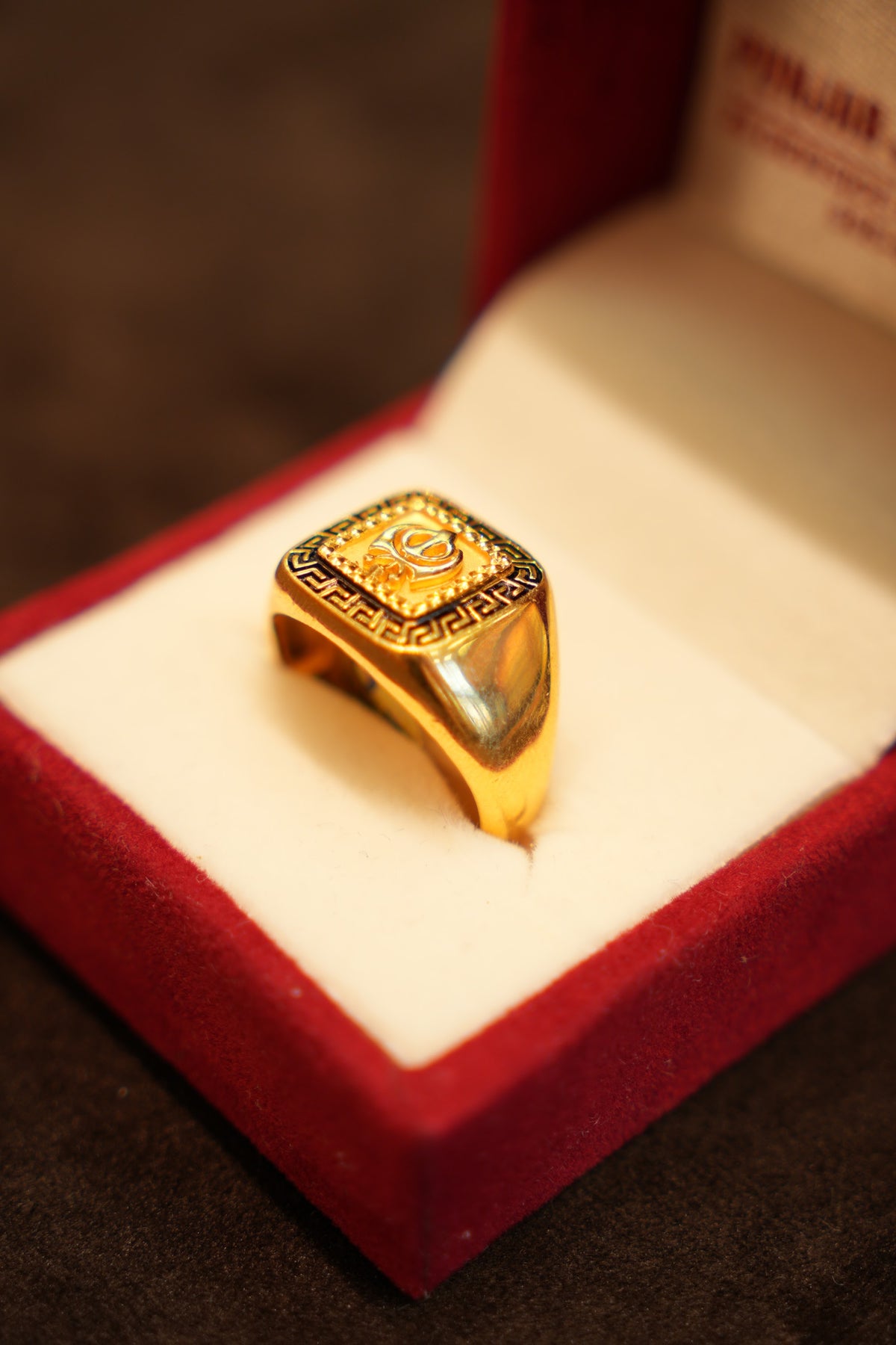 22K Gold Khanda Greek Key Signet Ring