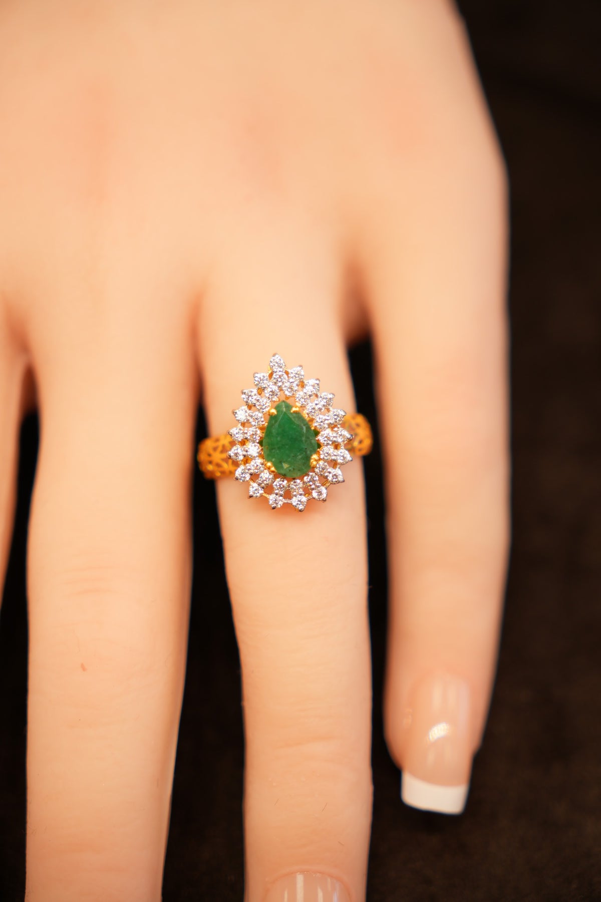 22K Gold Green Stone Halo Ring