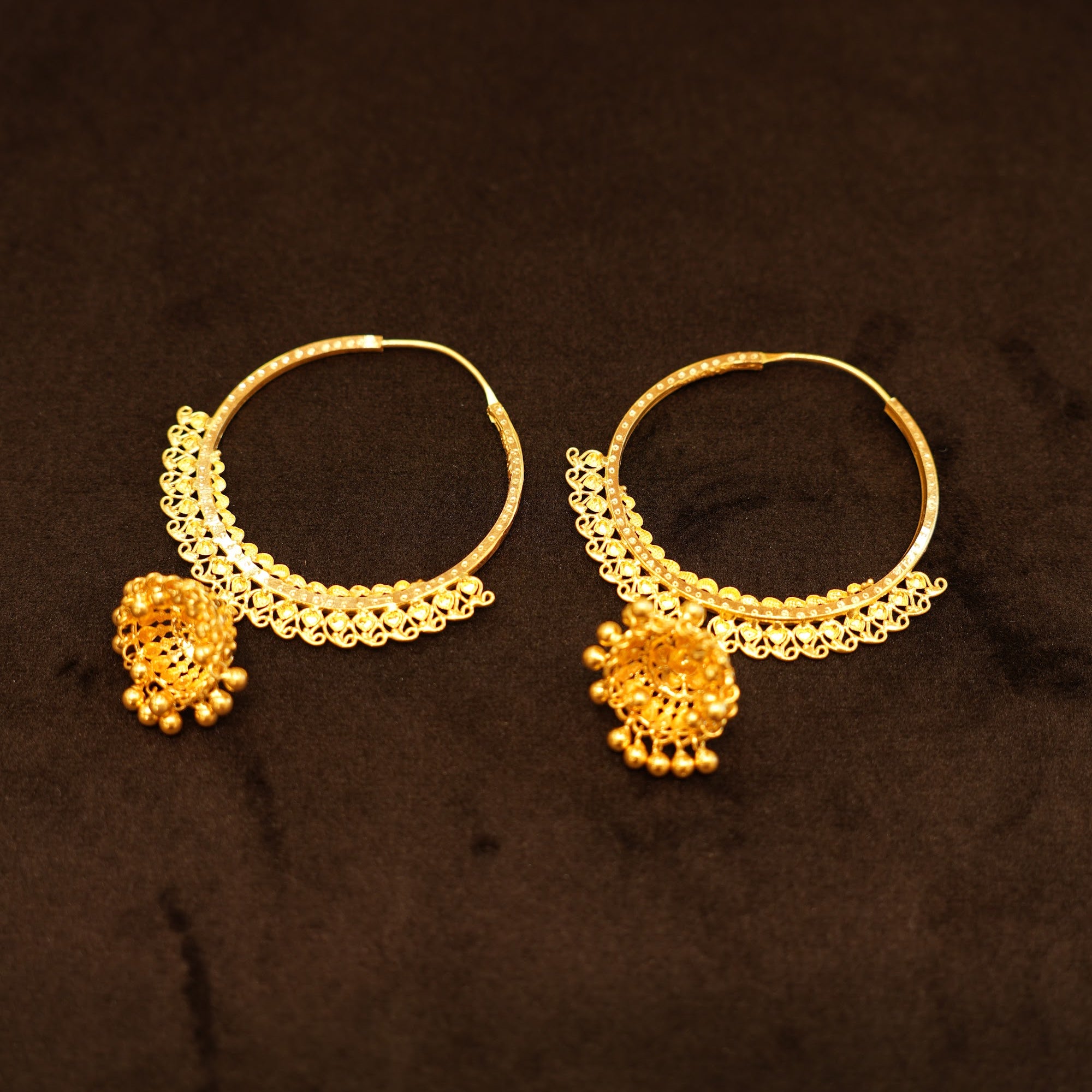 22K Gold Filigree Ball Cluster Hoop Earrings