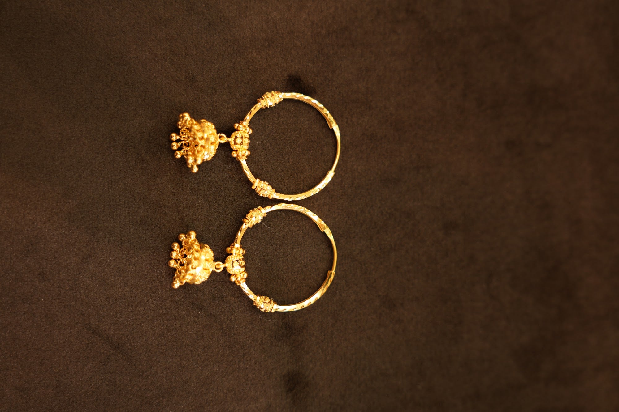 22K Gold Textured Nugget Ball Drop Hoop Earrings