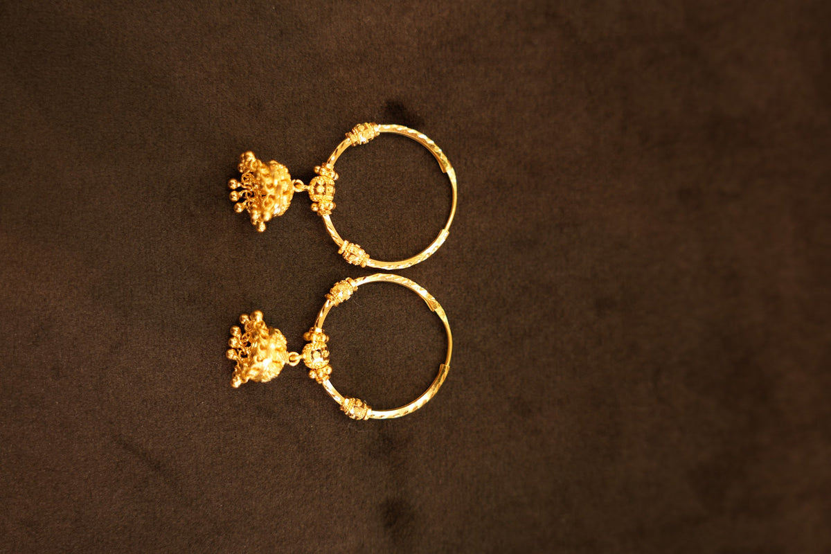 22K Gold Textured Nugget Ball Drop Hoop Earrings