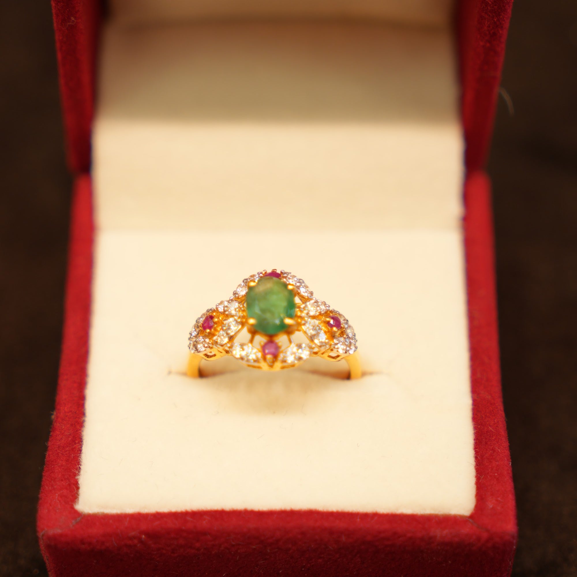 22K Gold Green Cabochon Multi-Stone Ring