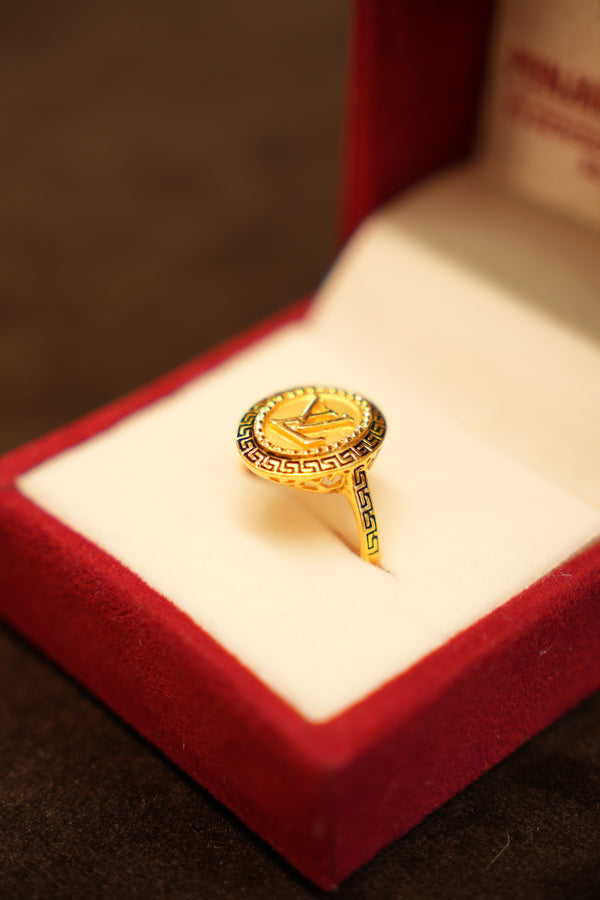 22K Gold Greek Key Medallion Signet Ring