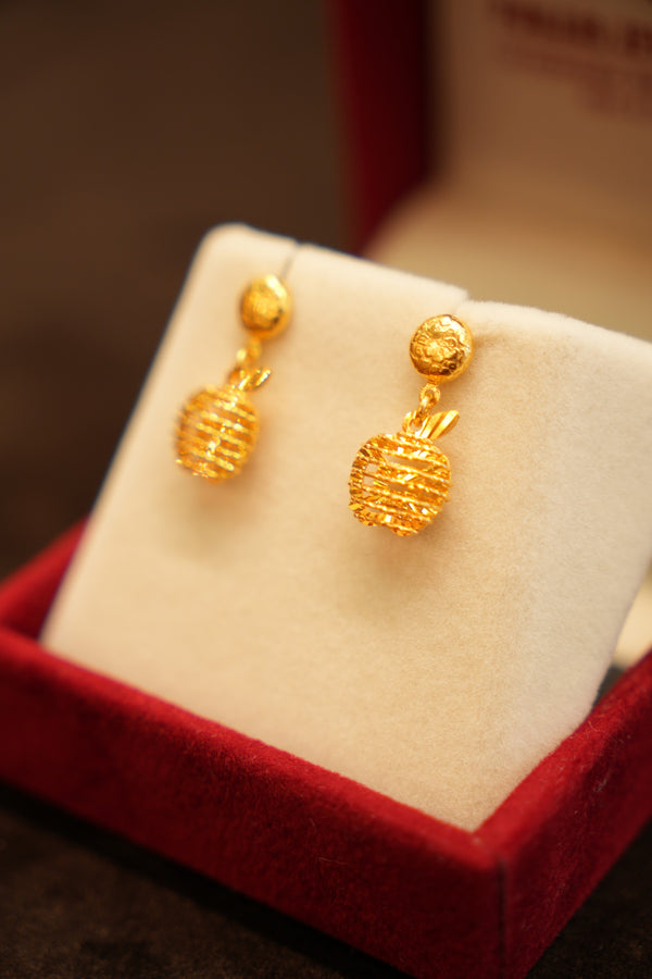 22K Gold Ribbed Dome Ball Drop Stud Earrings