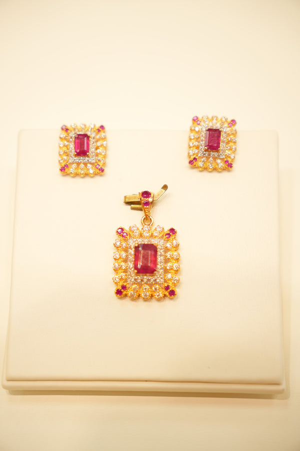 22K Gold Ruby Halo Pendant Set