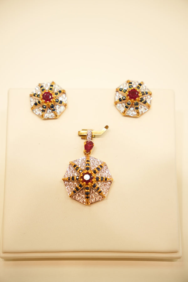 22K Gold Ruby Compass Star Pendant Set
