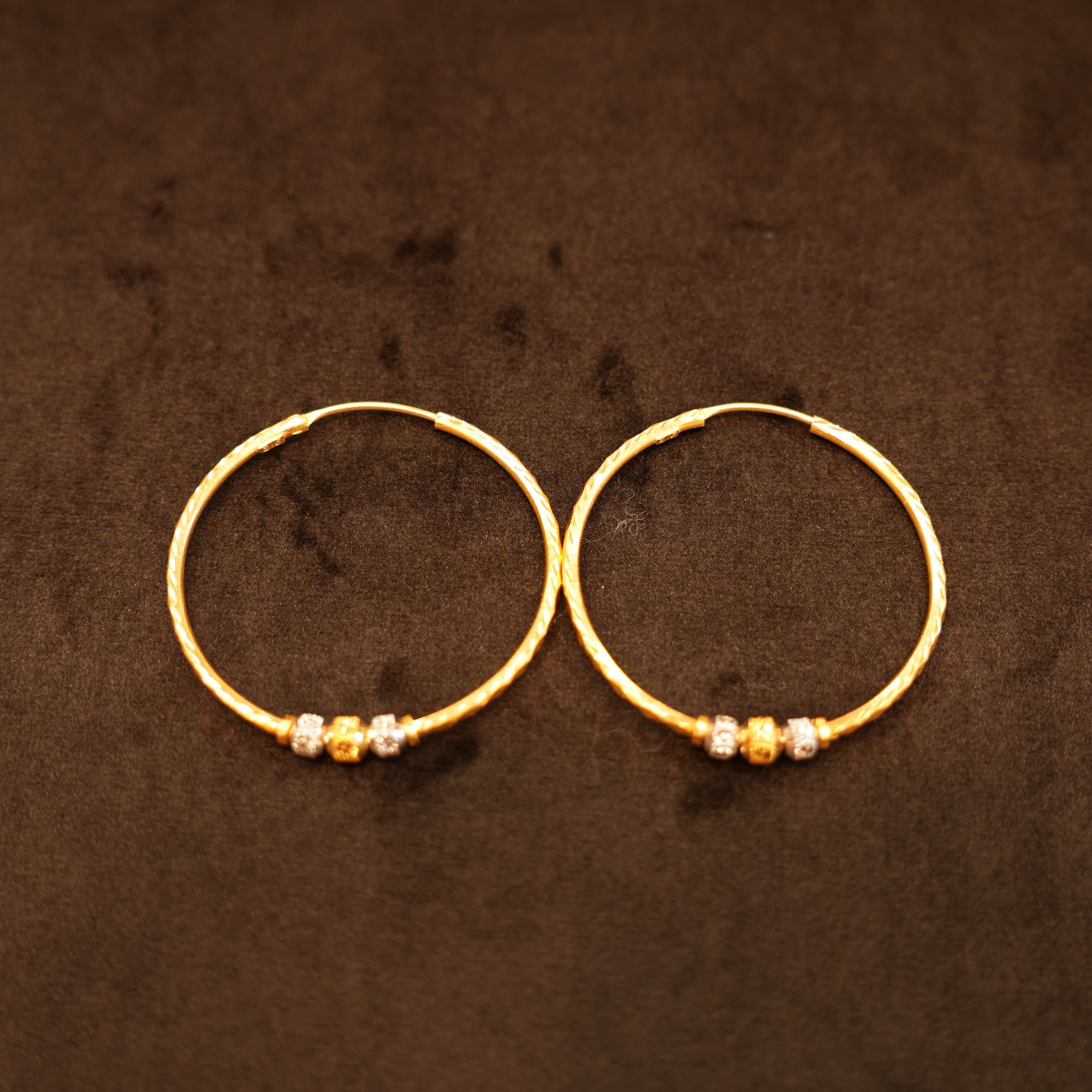 22K Gold Twisted Wire Beaded Hoop Earrings