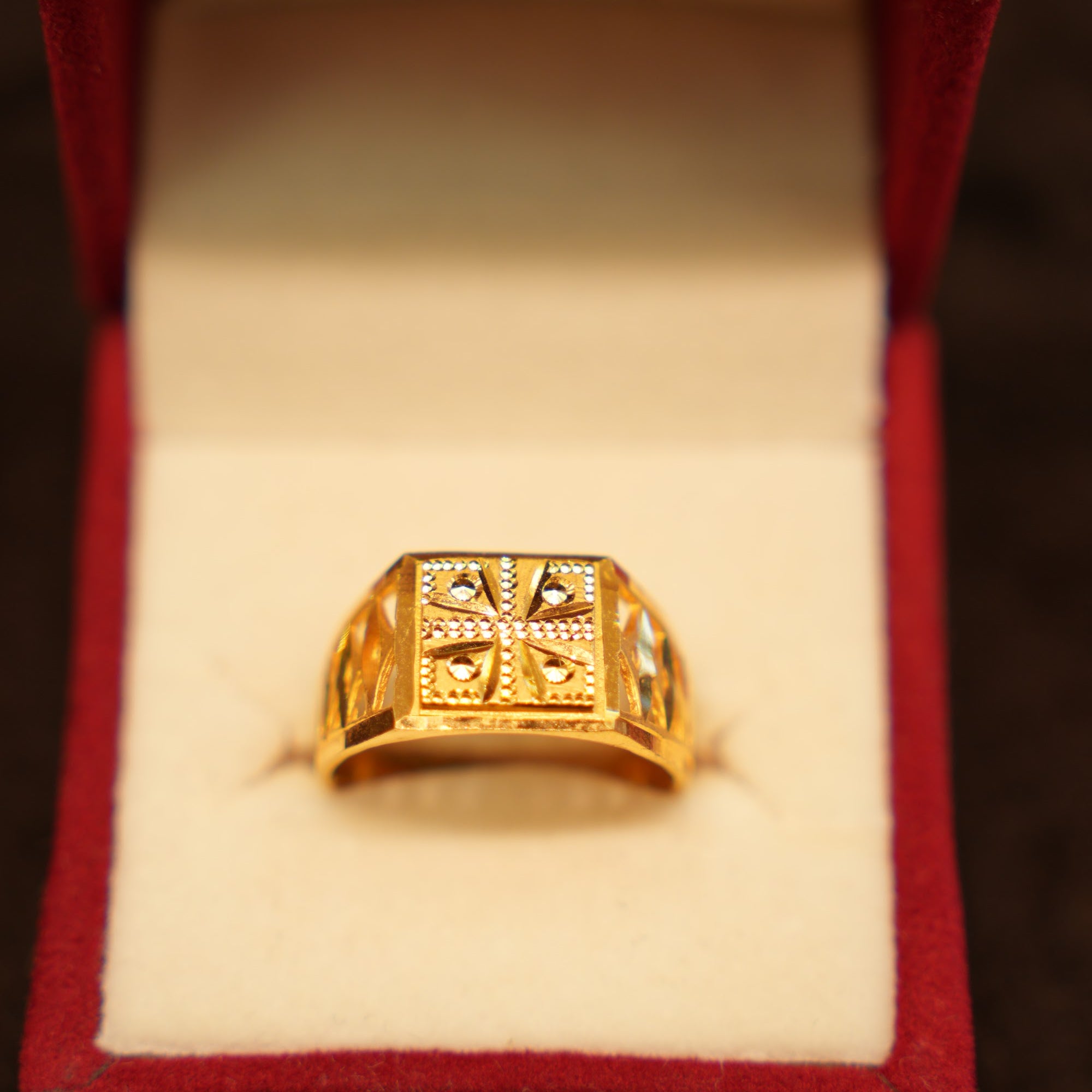 22K Gold Beaded Cross Signet Ring